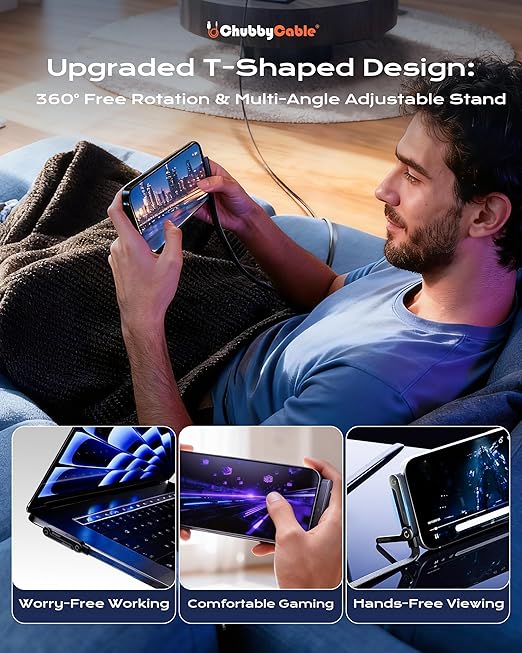 chubbycable StandLite 240W Braided Fast Charge Cable with Built-in Phone Stand T-Shaped Foldable Durable USB-C Cord 90 Degree USB C Cable Right Angle Multi-Functional Charger Cord (3PCS)