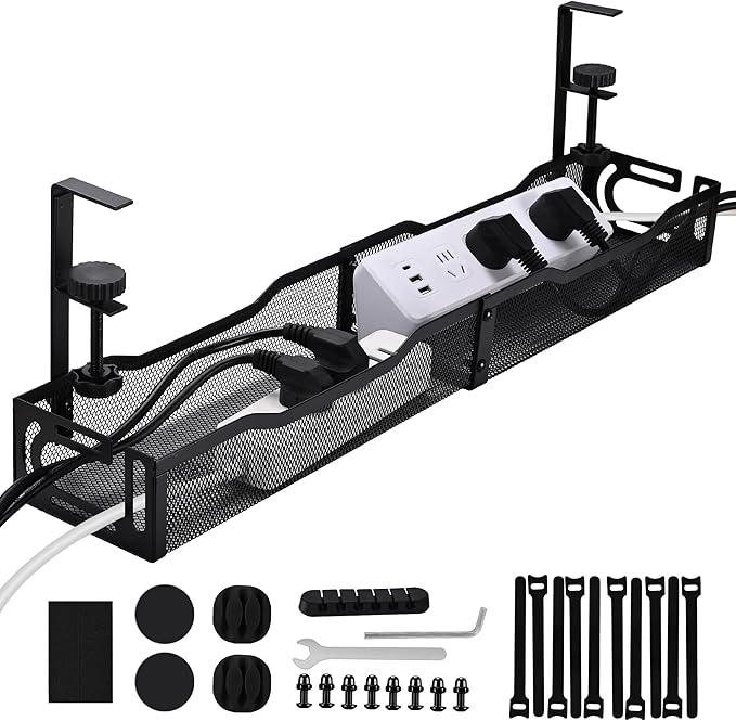 Under Desk Cable Management Box 25.3 Inch – Clamp-Mounted Cable Organizer Tray, Large Cord Management Box for Office & Home, Wire Organizer Under Desk Storage, Black