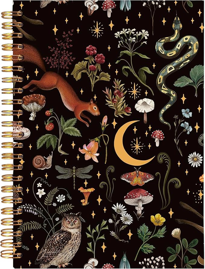BearCake Whimsical Dark Academia Notebook, Mushroom Notebook, Celestial Moon Witch Notebook, Witchy Gifts for Women, Mushroom Lovers Gifts, Witch Stuff, Hardcover Spiral Notebook 5.5x8.3