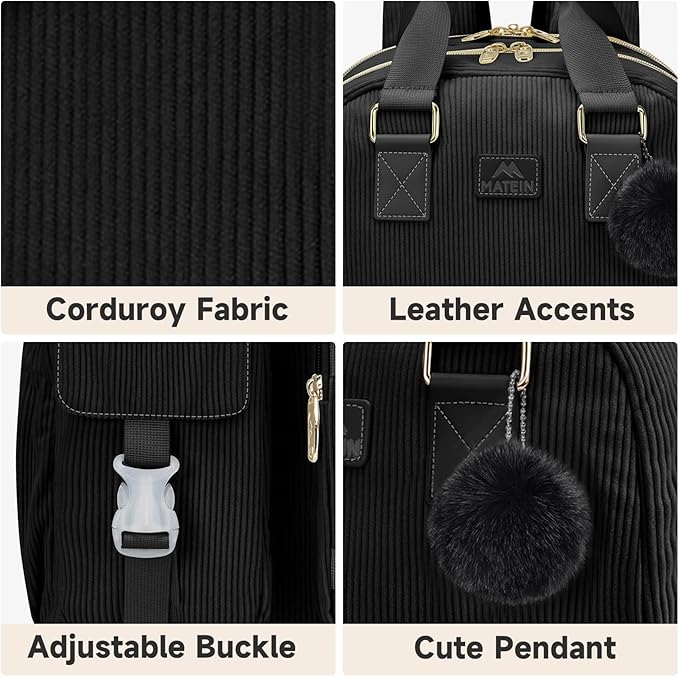 MATEIN Cute Laptop Backpack for Women, 15.6 Inch Corduroy Computer College Backpack with USB Charging Port, TSA Lightweight Aesthetic Back Pack Travel Laptop Daypack for Work Nurse Teacher Gift, Black