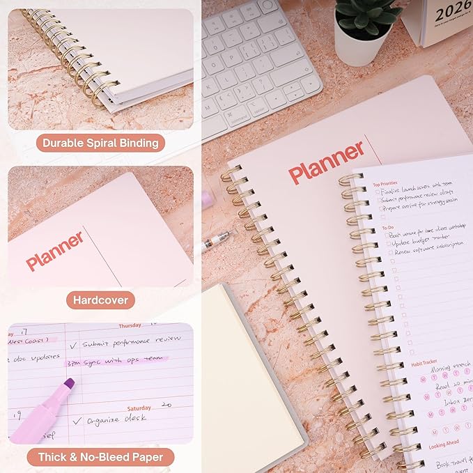Undated Weekly Planner, 8.5x11” – Dashboard Layout with Yearly Review, Monthly Calendars, & Weekly To Do List, Spiral Bound Organizer for Work, Study & Life (Blush White)