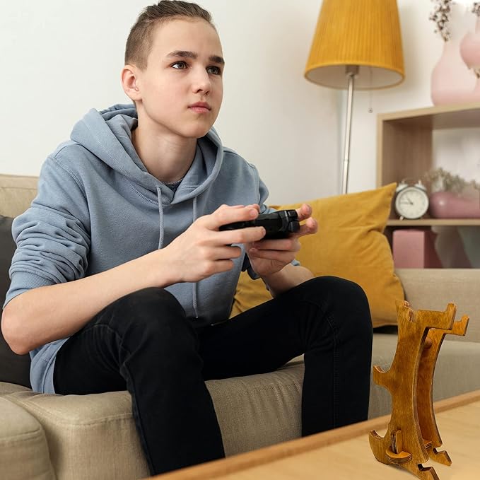 Wooden Controller Stand - Dual Game Controller Holder, Headphone Hanger and Phone Stand - Universal Gaming Acessories and Gamer Gift - Portable Headset Storage Organizer