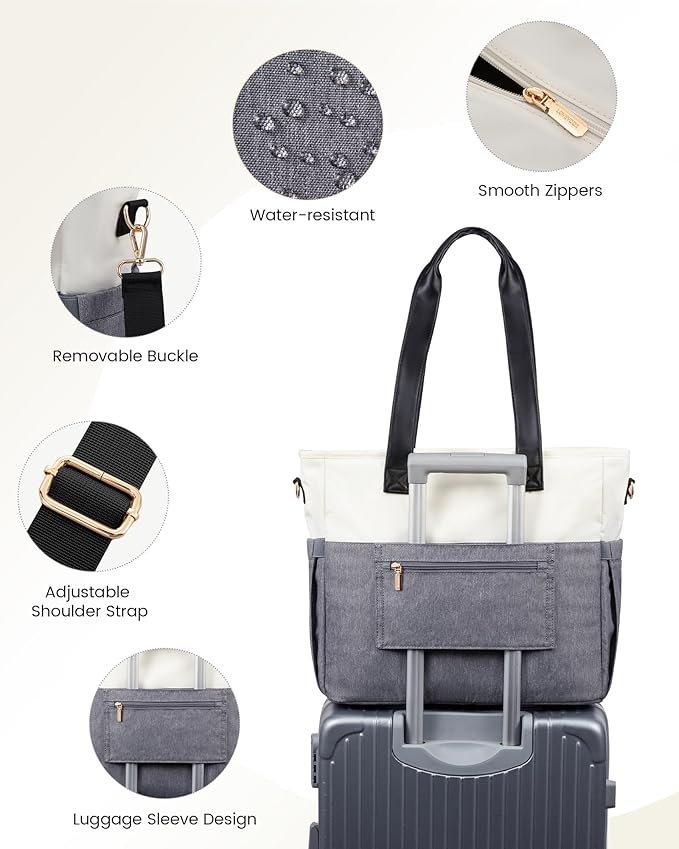 LOVEVOOK Laptop Bag for Women 15.6 Inch Canvas Laptop Large Capacity Work Bags Mutiple Pockets Teacher Bag Water Resistant Computer Bags for Business Travel Nurse, Gray Beige