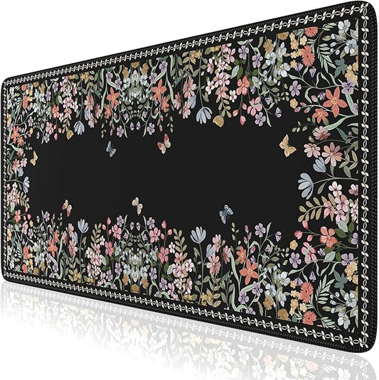 iCasso Large Desk Pad,Aesthetic Mouse Pad Black for Women Girl,Anti-Slip Rubber Base Computer Mat for Desktop,Cute Floral Desk Cover Protector Pad for Office Home School Gaming