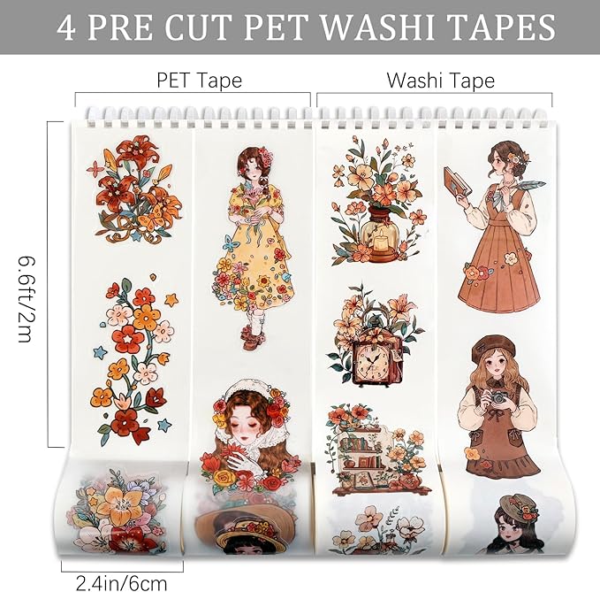 Dizdkizd Cute Flower Girl PET Tapes & Washi Tapes Stickers for Journaling, Pre-Cut Scrapbook Tapes for Crafts, Planners, Collage, 4 Rolls