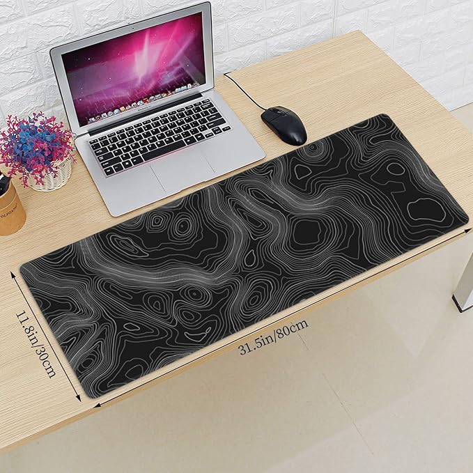 Topography Map Lines Contour Geographic Black XXL XL Large Gaming Mouse Pad for Desk, Non-Slip Long Extended Keyboard Pads Mousepad Rubber Table Mat 31.5 X 11.8 Inch