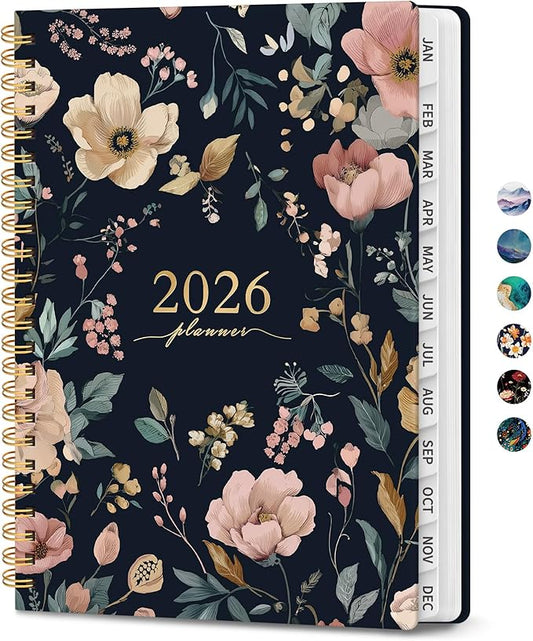 2026 Planner, Monthly and Weekly Calendar Planner for Women, Jan 2026 - Dec 2026, Hardcover Pretty 2026 Agenda Planner Book with Tabs, Spiral Bound, Perfect for School Office Home Supplies, 6.3" x 8.5" - Evening Petals