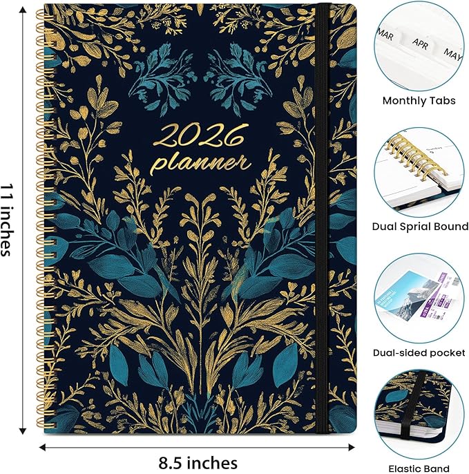 2026 Planner, Weekly and Monthly Calendar Planner Book, January 2026 - December 2026, Hardcover Spiral Planner with Monthly Tabs, Notes Pages, Perfect for Women & Men, A4 (8.5" x 11") - Midnight
