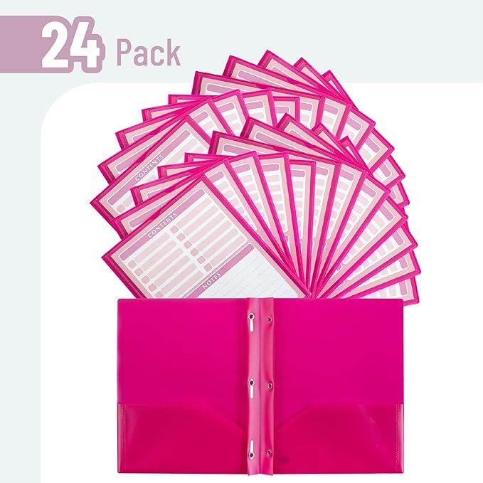 Mr. Pen- Plastic Folders with Pockets and Prongs, 24 Pack, Letter Size, Magenta, Flexible Plastic Folders with Prongs, Clear Front Pocket and Card Slot