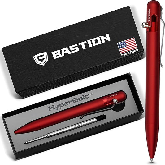 BASTION Aluminum Bolt Action Pen with Gift Case - Luxury Executive Retractable Lightweight Metal Ink Refillable Office Pocket EDC Fine Point Writing Ballpoint for Men & Women (Red)