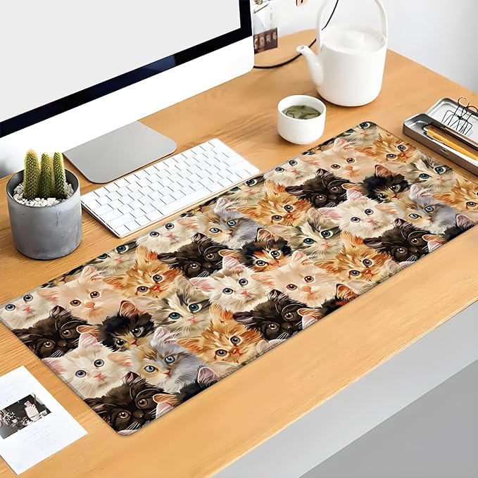 Cat Gaming Mouse Pad Extended Desk Computer Keyboard Laptop Mouse Pads for Gaming Home Office Work, Large Long Desk Mat Mousepad with Non-Slip Rubber Base 31.5×11.8inch (Cute Kitten)