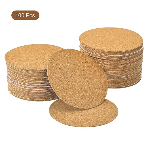 UXCELL 100 Pcs Self-Adhesive Cork Round, 3.5" x 3.5" Cork Tiles Backing Sheets for DIY Crafts, Brown