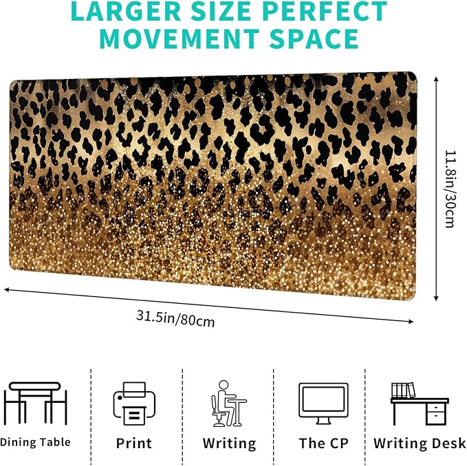 Leopard Print Glitter Gaming Mouse Pad – 12x31.5in Large Non-Slip Rubber Desk Mat with Cheetah Gold Gradient – Extended Mousepad for Office Home – Stylish Deskmat Gifts for Animal Lovers Decor