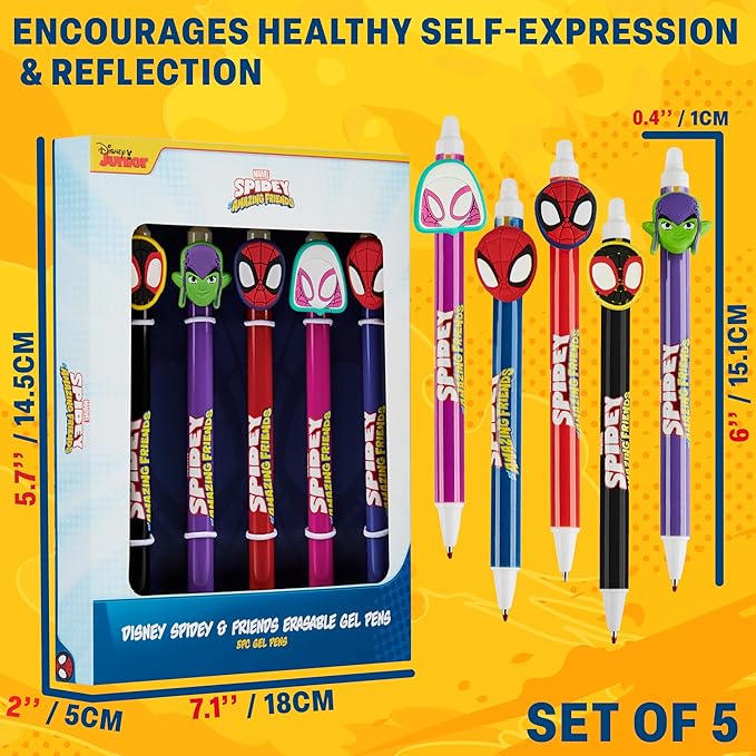 Get Trend Marvel Spidey 5pcs Erasable Gel Ink Pens Cute Writing Pens for Kids Fun Stationery Set Kawaii Journaling Supplies Gift Set Cool Pen Gifts for Kids (Spidey)