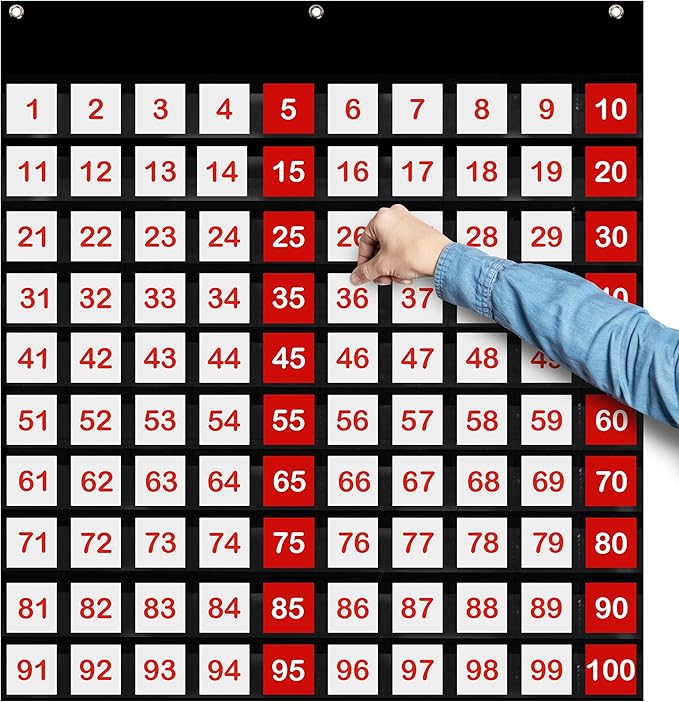 Essex Wares 29" Wide x 27.5" Tall 100 Pocket Chart for Classroom - Hundreds Chart for Classroom for Dynamic Math Education - Number Chart 1-100 for Kids for Wall, Counting Pocket Chart in Black