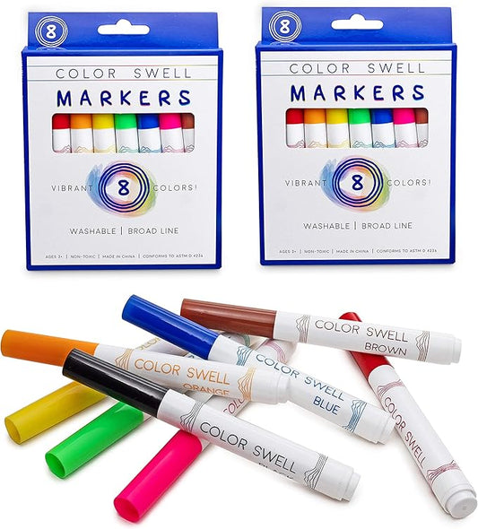 Color Swell Washable Markers 2 Pack of 8 Vibrant Colors Each for Teachers, Kids, Classrooms, Families