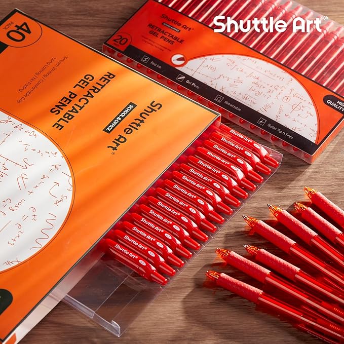 Shuttle Art Red Gel Pens, 40 Pack Retractable 0.7mm Medium Point Rollerball Red Ink Pens Smooth Writing with Comfortable Grip for Writing Journaling Taking Notes Office School Home
