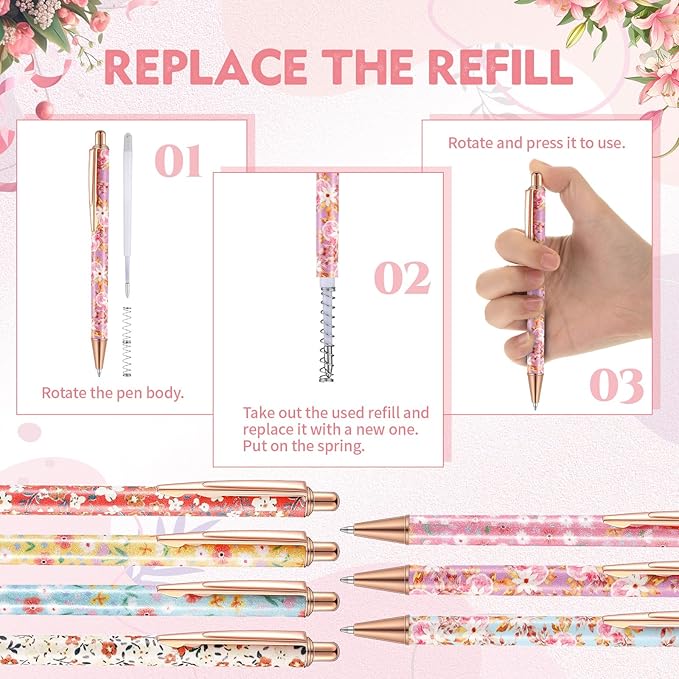 Sherr 7 Pcs Fancy Pens for Women Cute Sparkly Glitter Pens with 10 Pcs Black Ink Refills Pretty Gifts for Girls Office School Christmas Graduation(Floral)