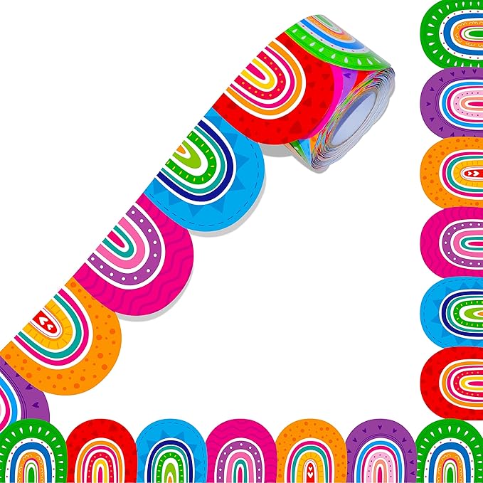 60 Feet Bulletin Board Borders, Colorful Rainbow Die-Cut Rolled Border Trim Decoration Borders for School, Classroom, Offices Walls, Desks, Windows, Doors, Lockers