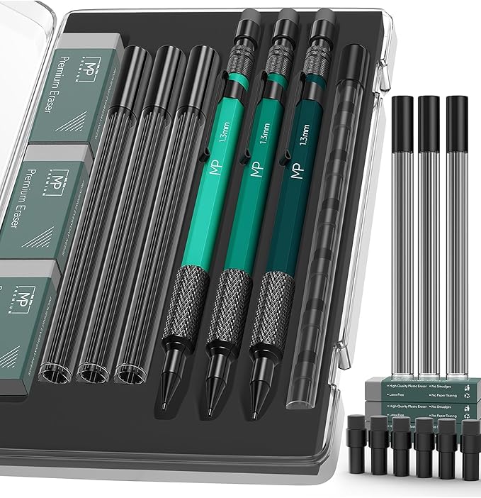 Mr. Pen- Metal Mechanical Pencils Set with Lead and Eraser Refills, 3 Pack, 1.3 mm Mechanical Pencil Metal