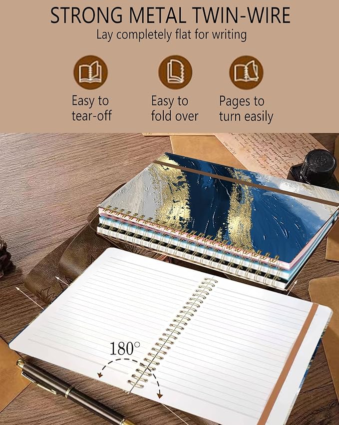 Spiral Journal Notebook, A5 Cute Notebooks for Women Men, College Ruled Hardcover Notebook for Work & Note Taking, 60 Pages Double-Wire Journals for Writing, Luxury Blue Marble