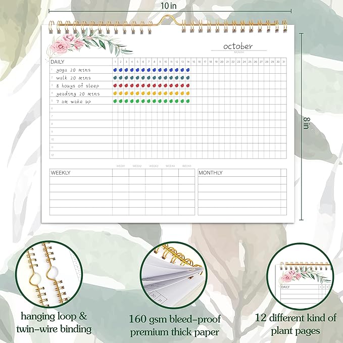 Habit Tracker Calendar - 12 Months Undated Daily Weekly & Monthly Period Habit Tracker Journal, Greenery Floral, Spiral Binding & Hanger, 7.8"x10"