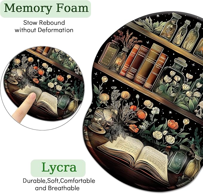 Mouse Pad with Wrist Rest, Goth Book Ergonomic Mouse Pad Wrist Support with Non-Slip Pain Relief PU Base, Funny Laptop Computer Mousepad, Gothic Skull Office Home Desk Accessories Decor