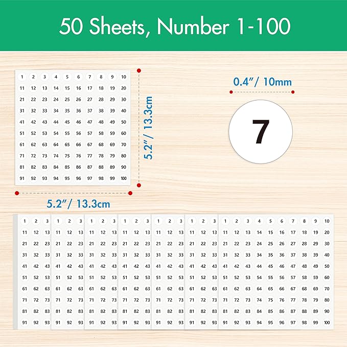 5000 Round Number Stickers, 50 Sheets Consecutive Vinyl Numbers Labels 1-100 Self-Adhesive Removable Dot Number Sticker for Indoor, Outdoor, Office, Classroom, Storage Organizing, Boxes (0.4”, White)