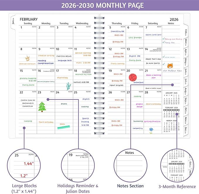 Monthly Planner 2026-2030, 5-Year Calendar Planner 2026-2030, Jan 2026 – Dec 2030, 6.2 x 8.4 In, Ruled Spread, Flexible Cover, Spiral Wirebound, Pocket, 60 Coated Monthly Tabs, Notes ＆ Habit Tracker