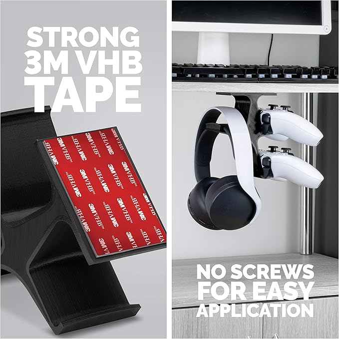 The Treo - Under Desk / Shelf Dual Gamepad Controller & Headphone Hanger Holder Stand - Designed for Xbox ONE, PS4, PS3, PS5, Dualshock, DualSense, Switch, PC, Steelseries, Steam & More, by Brainwavz