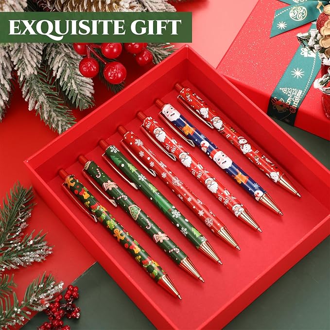 Sherr 7 Pcs Fancy Pens for Women Cute Sparkly Glitter Pens with 10 Pcs Black Ink Refills Pretty Gifts for Girls Office School Christmas Graduation(Santa)