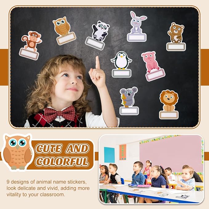 Sabary 90 Pcs Cutout Name Tags Water Bottle Labels Daycare Labels Self Adhesive Name Stickers Gift Tags for Classroom Home Desk Bulletin Board Decoration Party Favor 10 Sheets (Animal)