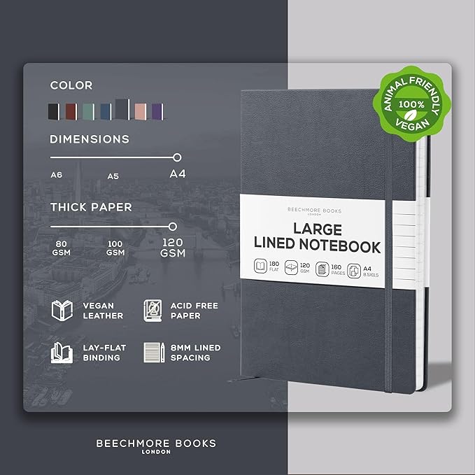 BEECHMORE BOOKS Large Lined Journal Notebook, 8.5" x 11.5" (A4) Hardcover Vegan Leather Executive Diary for Work, Thick 120gsm Paper, Lay-Flat Binding, Gift Box