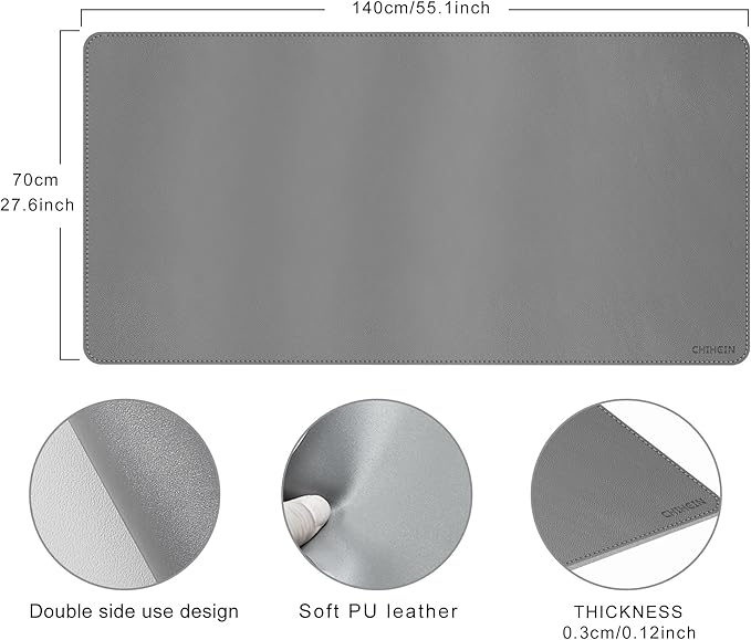Chihein 55" x 28" 4XL PU Leather Desk Mat, Huge Mouse Pad, Dual Sided Desk Pad Protector, Waterproof Writing Blotter for Gaming/Office/Home (Gray/White)