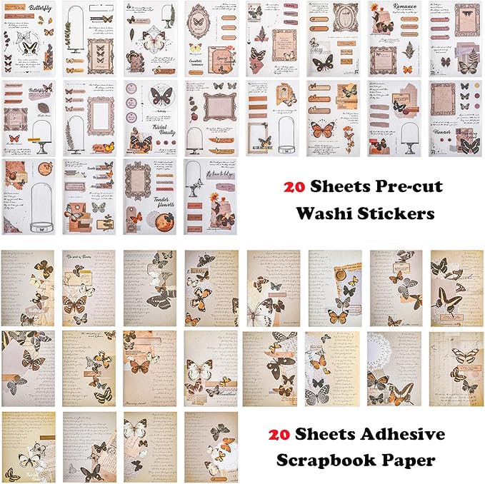 Sticker Book for Adults, 180pcs Vintage Washi Stickers for Journaling and 20 Sheets Adhesive Scrapbook Papers for Scrapbooking Aesthetic Butterfly Scrapboook Stickers for Bullet Junk Journal Supplies