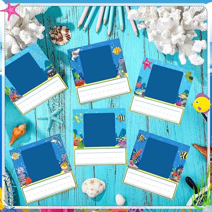48 Pcs Photo Nameplates for Desk Name Tags Labels Stickers with Photo Space Self-Adhesive Labels Bulletin Board Colorful Indoor Decoration for Desk Bins Cubbies Office Supplies(Ocean)