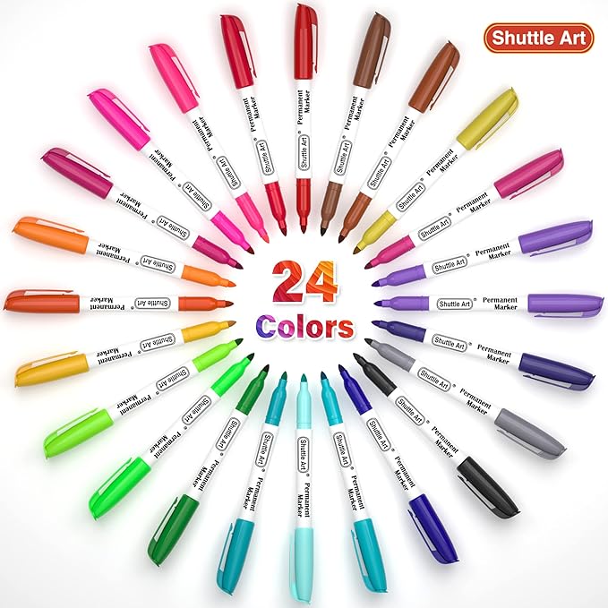 Shuttle Art Permanent Markers, 24 Colors Fine Point Assorted Colors Permanent Marker Set, Works on Plastic,Wood,Stone,Metal and Glass for Doodling, Coloring, Marking (Pack of 2)