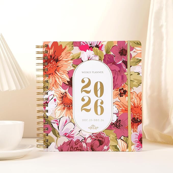 CAGIE 2026 Planner Weekly and Monthly Dec 2025-Dec 2026 Hardcover Calendar Planners with Stickers& Month Tabs for Women Spiral Bound 26 Yearly Agenda, 8.3"x9.1", Pink Floral