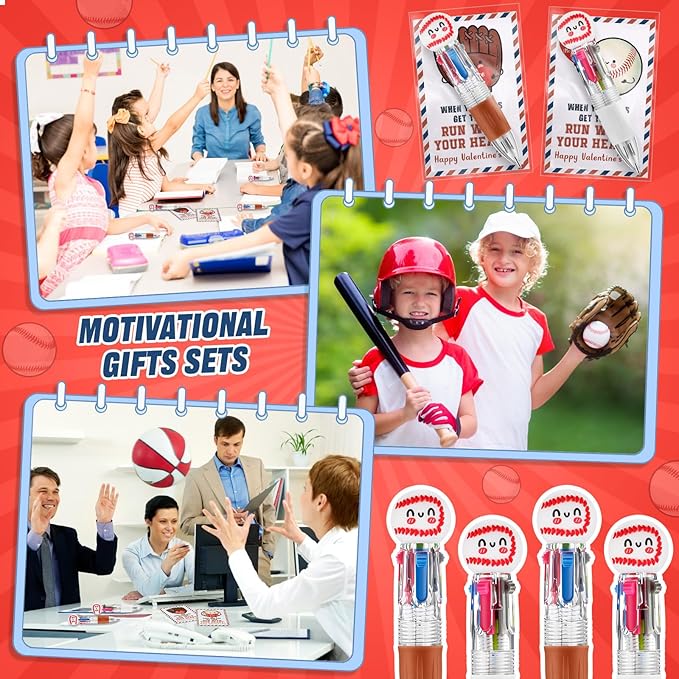 Colarr 24 Set Baseball Valentines Gifts Multicolor Pens with Positive Cards for Valentines Day Party Favors Classroom Prizes Students Baseball Team Goodie Bags Stuffers 4 in 1 Ballpoint Pens