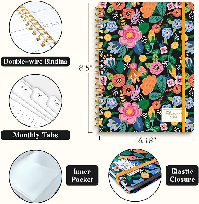 2026 Planner, A5 Weekly and Monthly Planners with Tabs, Spiral Bound Daily Calendar 2026 Planner, Agenda Organizers from Jan. to Dec., Hardcover Habit Tracker Journal 6.18" x 8.5"(Pink Bloss)