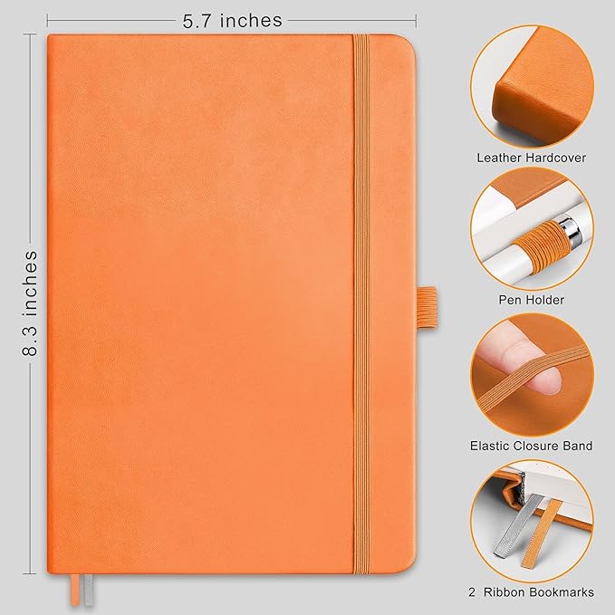 RETTACY Dotted Journal Notebook, 192 Pages, A5 Medium Size (5.7'' x 8.3''), Leather Hardcover, 100 GSM Thick Paper, for Bullet Journaling, Planning, Tracking (Orange)