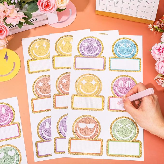 120Pcs Back to School Name Tag Stickers Smile Face Sticker Pastel Embroidered Style Happy Face Label Decals for Students Classroom Bulletin Board Desk Wall Message Board