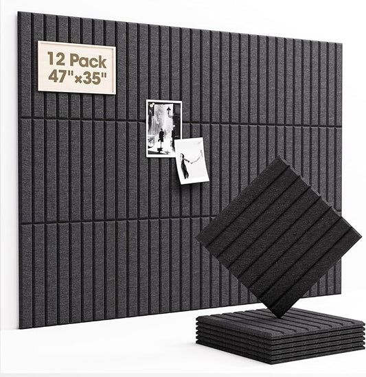 Soundsbay Large Cork Board, 47"x35" Slat Bulletin Board Alternative, 12-Pack Cork Boards for Walls, 60 Adhesive Tabs, Felt Wall Tiles for Home Office Classroom Pin Board