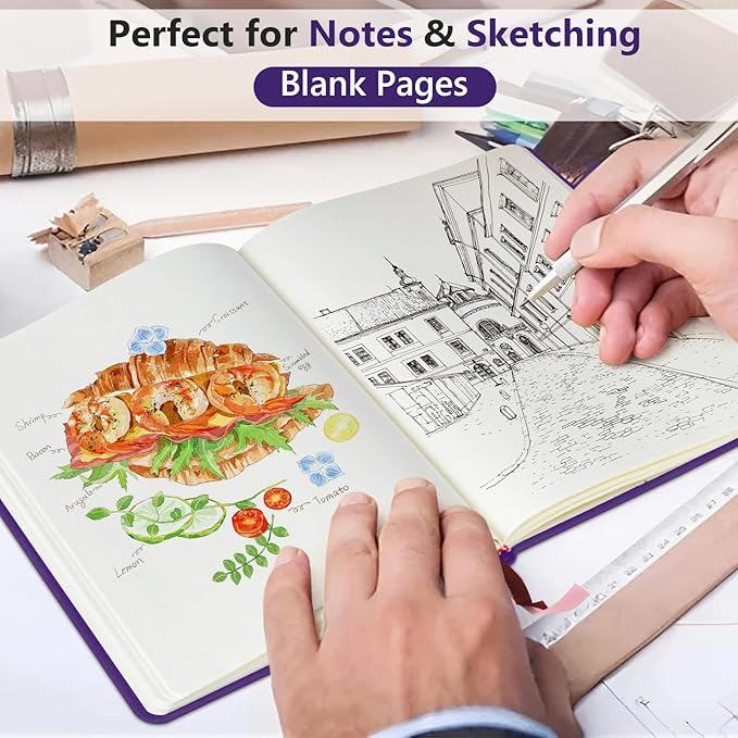 Blank Journal Ntebook for Men & Women, 160 Pages Blank Journals for Writing, Drawing,Sketch Book,5.9" x 8.5" Leather Sketchbook, Unlined Notebook for Work, School, Art (Purple)