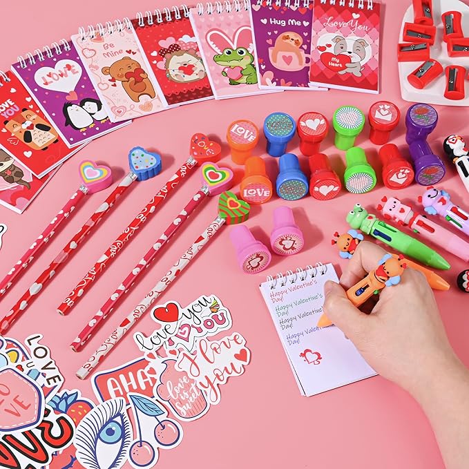 LiYiQ 247 Pcs Valentine's Gifts for Classroom Valentine's Day Return Gifts, Stationery Gifts from Teacher, Pencil Erasers Notebooks Stickers Stamps Goodie Bags Rewards Prizes