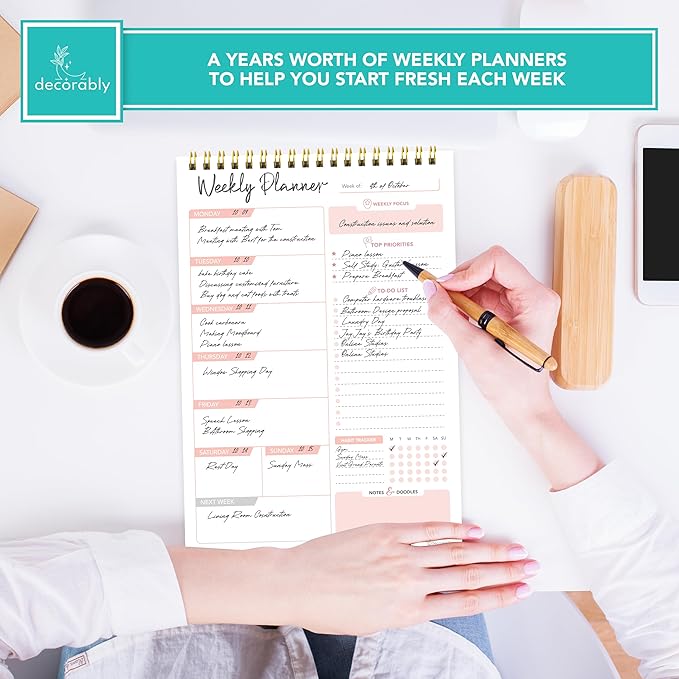 Decorably 52 Sheets Nude Pink Undated Weekly Planner Notepad Tear Off, 6.5x10in Spring-Bound Design, with Focus, Priorities, to-do list, Habit Tracker, Notes and Doodles - Home, School, Office