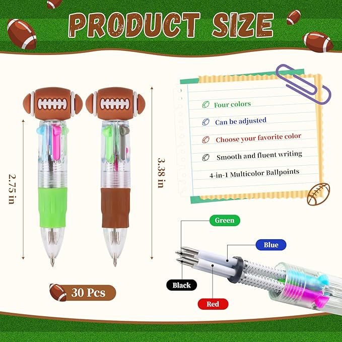 CZWZ 30Pcs Mini Multicolor Pens in One 4-in-1 Cute Pens Bulk, Ballpoint Pen for Birthdays and Parties, Fun Gifts Assorted Ink Kawaii Pen(Football)