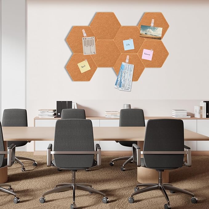 8 Pcs 12" Large Hexagon Felt Cork Board Tiles Self Adhesive DIY Bulletin Board Pin for Office Home Wall Decor Stickers Memos Photos Display with 10 Multi-Color Clip Drawing Pins(Yellow)