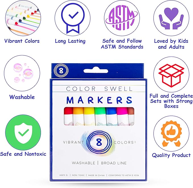 Color Swell Washable Markers 2 Pack of 8 Vibrant Colors Each for Teachers, Kids, Classrooms, Families