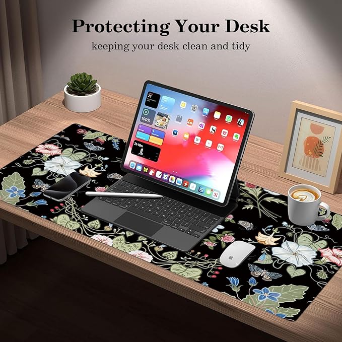 Morning Glory Flower Desk Protector, Stitched Edges Mouse Pad, Large Office Mat, Non-Slip Blotter, Laptop Writing Pad for Office and Home (31.5" x 15.7")